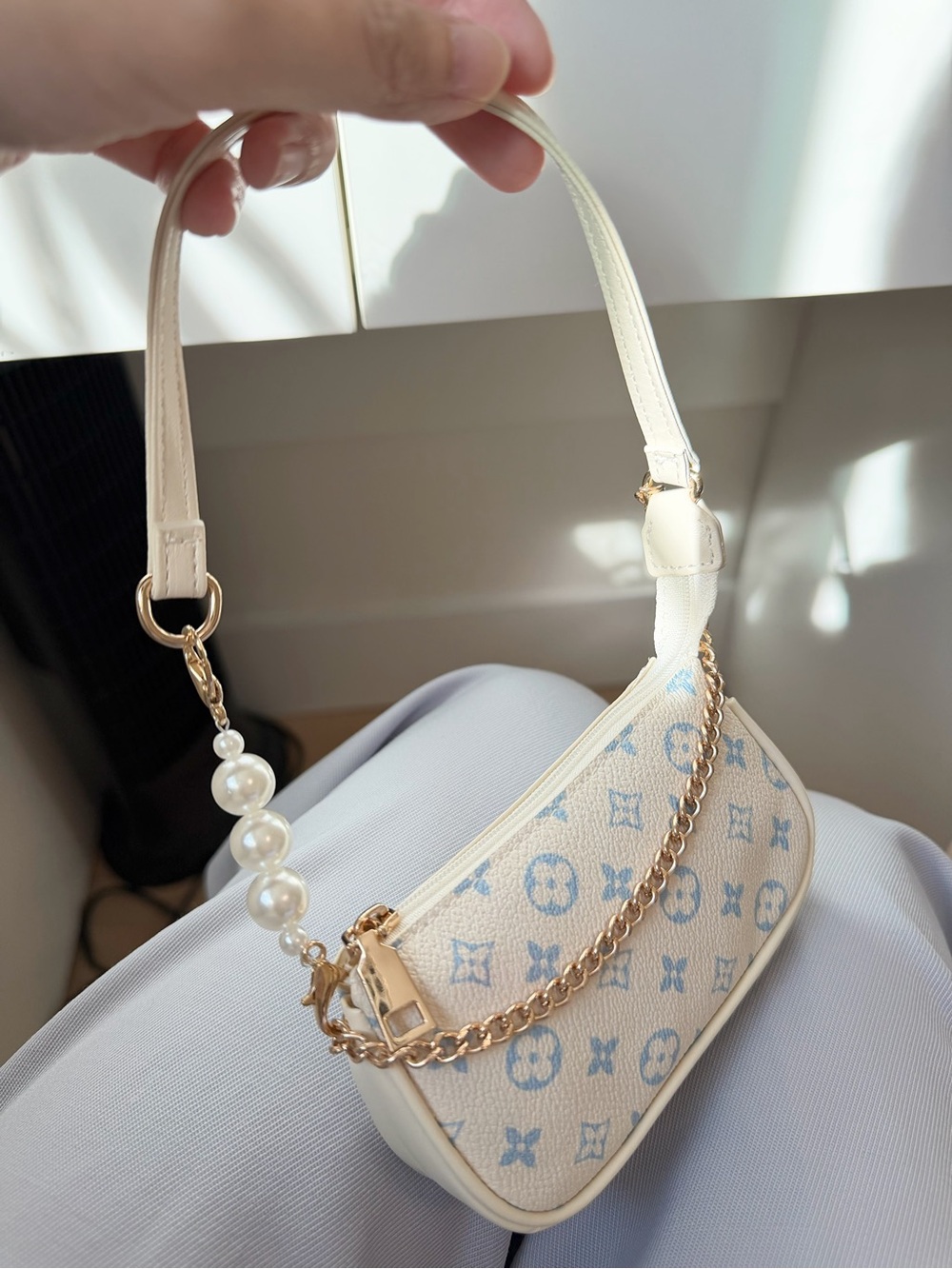 Mini Ivory & Blue Bag Charm with Pearl Accent